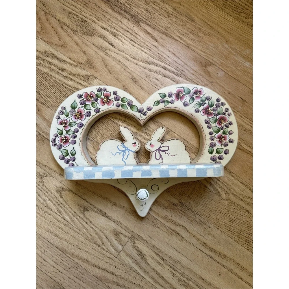Vintage Folk Art Bunny Wall Shelf Wooden Country Cottage Display Handpaint Heart